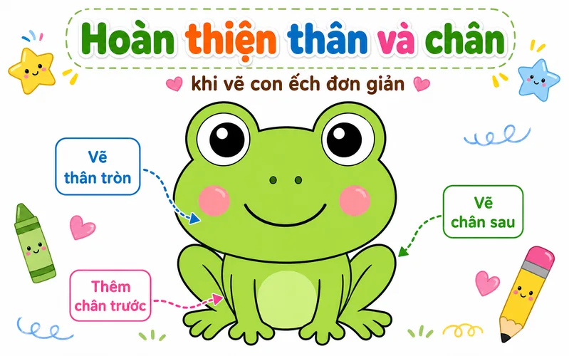 Sau khi vẽ khuôn mặt, bé tiếp tục hoàn thiện thân và chân để chú ếch có hình dáng đầy đủ hơn.